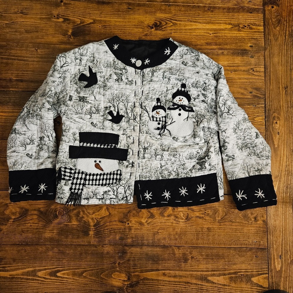 Handmade Quilted Snowman Appliqué Jacket M Black & White Winter‎ Scene Christmas